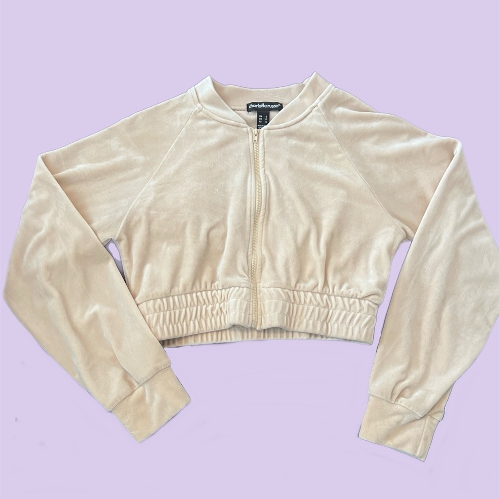 Charlotte Russe Cream Velour Cropped Zip Up Sweater